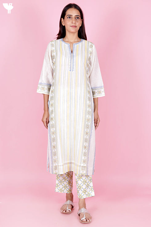 Chanderi Silk Kurta Pant And Dupatta Set In Block Print